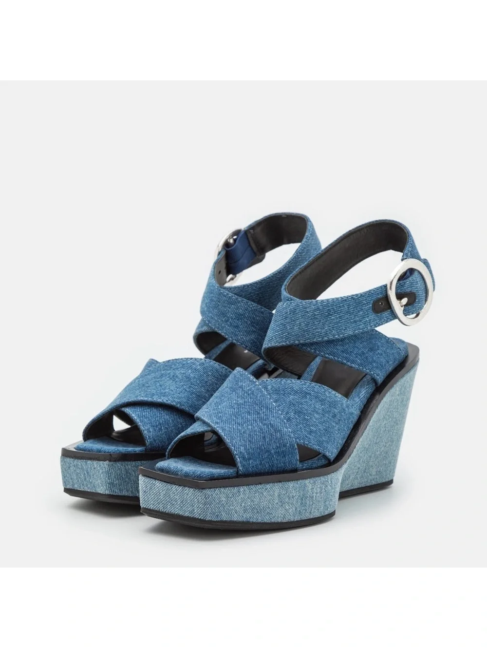 Rag & Bone Santiago Ankle Strap Platform Wedge Sandals Denim, Size 8.5/38.5 NWT